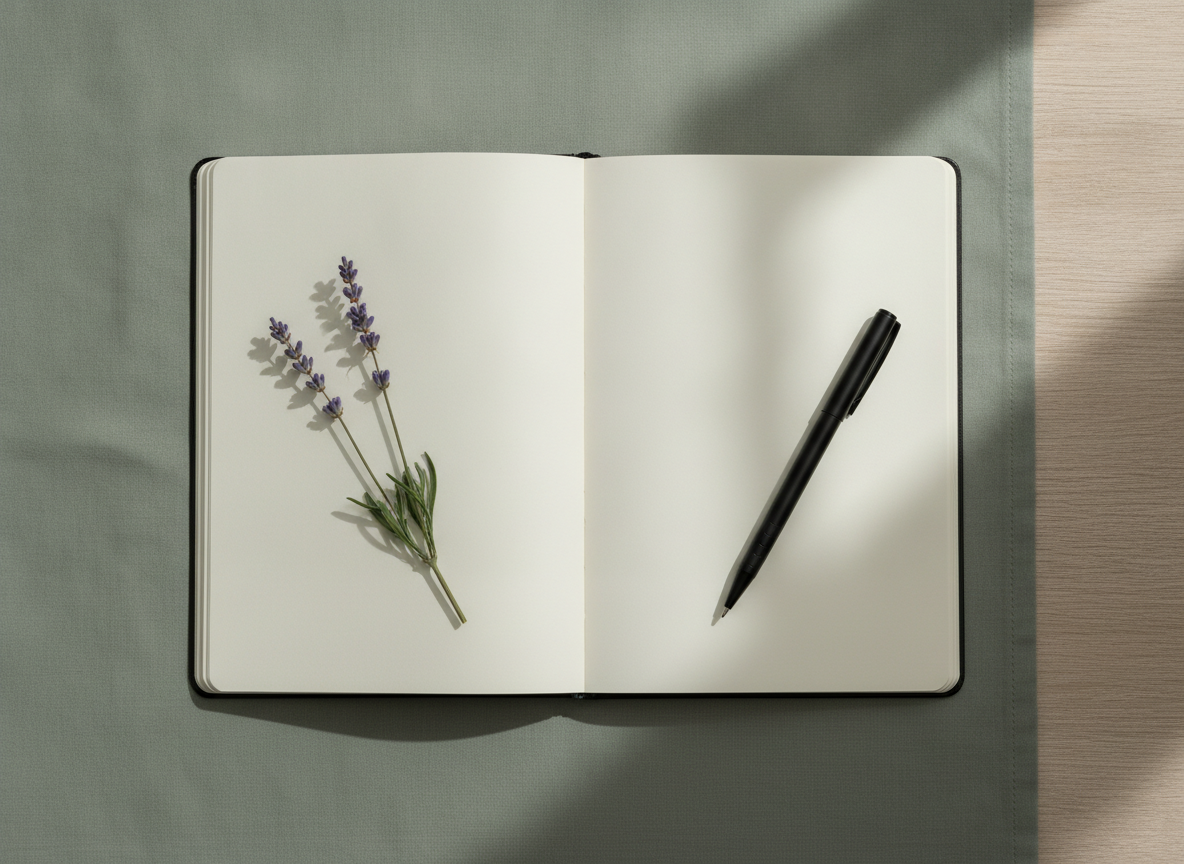 Open notebook and lavender representing reflection
